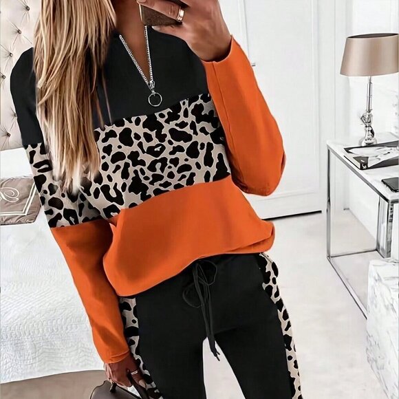 Tops - Black Casual Women's Leopard Print Top and Pants Set